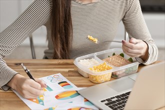 Woman eating working from home