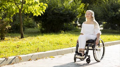 Woman wheelchair listening music outdoors