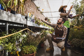Cheerful gardeners working greenhouse