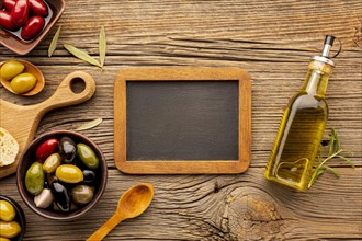 Flat lay olive mix with blackboard mock up