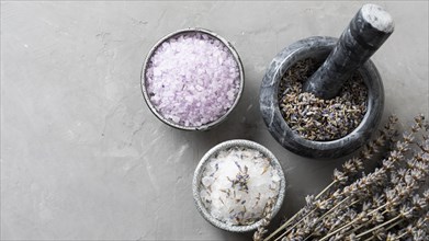 Organic detox salt dried lavender leaves copy space