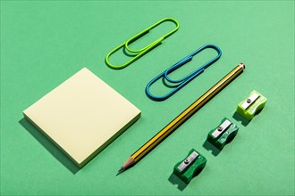 Stationery concept with sticky notes high view