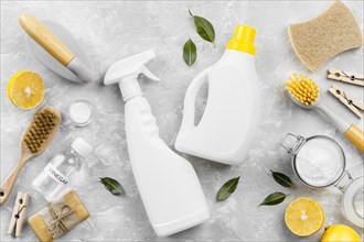 Top view eco friendly cleaning products with baking soda lemon