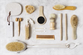Top view various natural hair brushes accessories