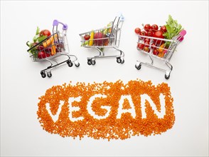 Vegan lettering with delicious vegetables small shopping carts