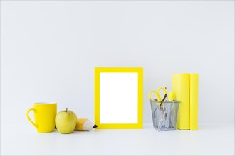 Yellow writing accessories studies white workplace