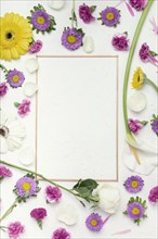 Colourful festive flowers background with vertical frame copy space