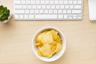 Desk with potato chips bowl