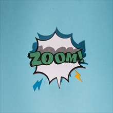 Explosion sound effect with zoom text speech bubble against blue background