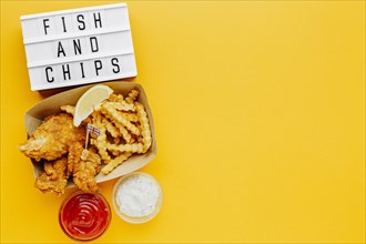 Flat lay fish chips with sauce light box