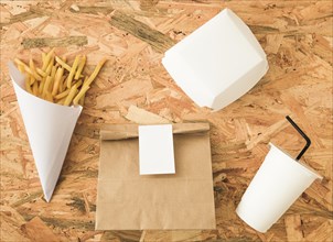 French fries paper cone package mockup wooden backdrop