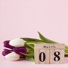 Front view bouquet tulips with 8 march lettering