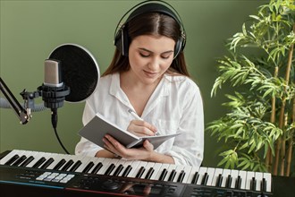 Front view female musician playing piano keyboard writing songs while recording