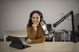 Front view woman broadcasting radio