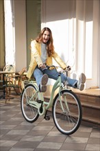 Funny woman riding her bike street