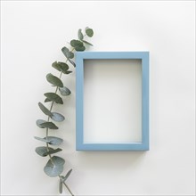 Green leaves blue border empty blank frame white backdrop