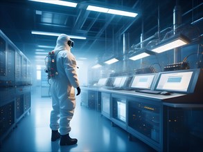 Scientists in protective suits in a high-security laboratory. AI generates