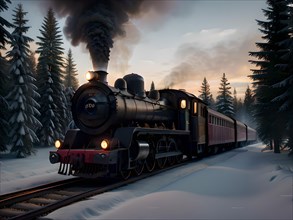 Ghost train with old steam locomotive runs through snow-covered forest