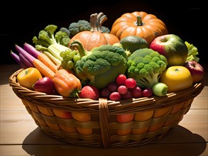 A large basket mixed with fruit and vegetables. AI generated