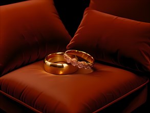 Golden wedding rings on red velvet cushions