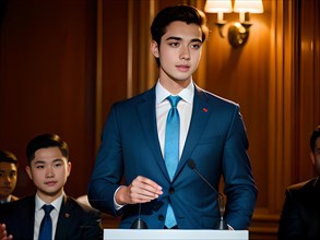 A young businessman gives a speech at a congress. AI generated