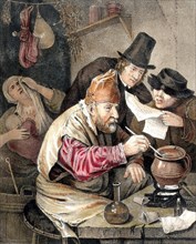 An alchemist bent over his crucible