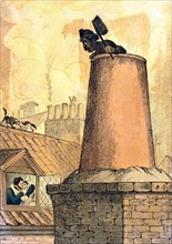 A chimney sweep looks over the top of the chimney