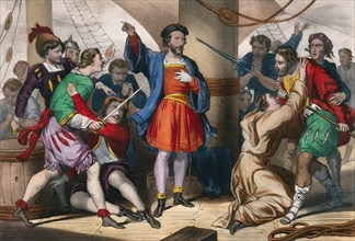 Christopher Columbus admonishes his men on his ship for their lack of courage