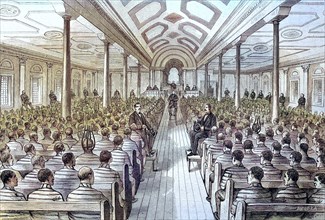 Convicts at Sunday worship service in the Chapel of the prison Sing Sing in the state of New York