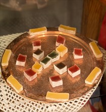 Delicious Turkish delight placed in a metal tray