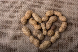 Peanuts form a heart shape on canvas background