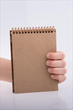 Hand holding a brown spiral notebook on a white background