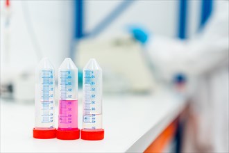Three tubes with samples in the table of a laboratory with someone working on the background