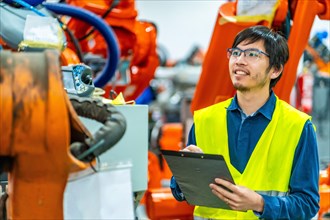 Side view of a proud japanese engineer in an industrial robot industry