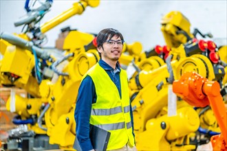 Young japanese engineer in charge of an automated manufacturing factory assembly line