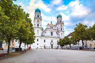 Passau Cathedral Square with Monument to King Maximilian I Joseph of Bavaria and St. Stephen's Cathedral in Passau