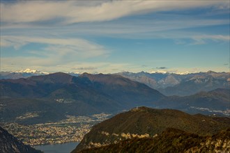Aerial View over Beautiful Mountainscape with Snow Capped Mountain and Lake Lugano and City of Lugano in a Sunny Day in Ticino