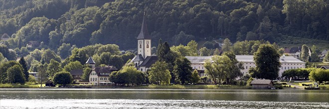 View over Lake Ossiach to Ossiach Abbey