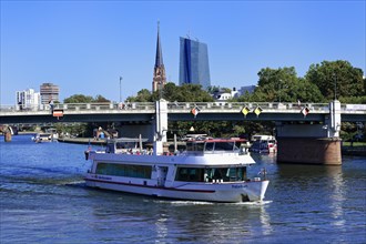 Tourist boat cruising in front of European Central Bank Building in the banking district