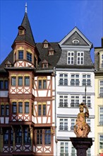 Fountain representing roman goddess Minerva in front of colorful Half-timbered houses in Roemerberg square