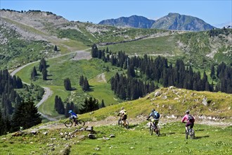 A group of mountain bikers on an alpine descent in the Chablais Geopark