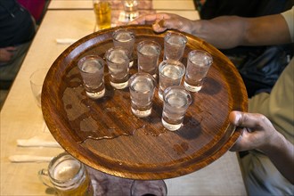 Nine ouzo served on a tray in a Greek pub