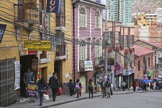 Steep street with shops in La Paz
