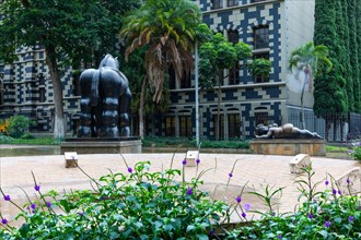 Fountain in front of Botero Sculpture in front of Palacio de la Cultura Rafael Uribe Uribe