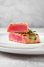 Closeup view of pan seared ahi tuna steak