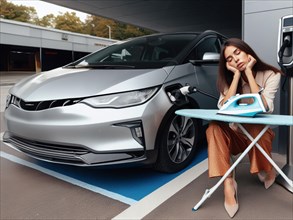 Sleepy bored patient elegant young business woman ironing while waiting ev electric hybrid car suv to charge battery to continue travel art ai generated