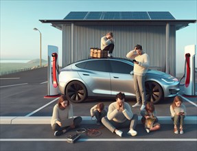 Sleepy bored family people waiting ev electric hybrid car suv to charge battery to continue travel