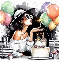 Mixed-race black young woman blowing birthday cake celebration candles watercolor illustration