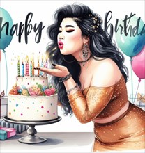 Mixed-race asian latino brunette curvy young woman blowing birthday cake celebration candles watercolor illustration