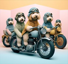 Portrait of a group of Funny bad labradoodle dogs gang riding hot rod steampunk motorcycles wearing ponchos and goggles